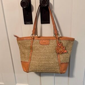 Coach Tan and Brown Straw look Tote Bag with Floral Charm